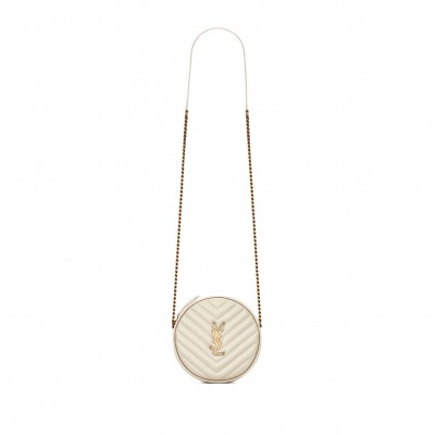 YSL VINYLE ROUND CAMERA BAG IN CHEVRON-QUILTED GRAIN DE POUDRE EMBOSSED LEATHER 6104361GF079207 (17*17*5.5cm)